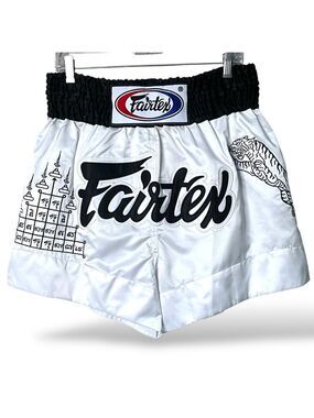 FAIRTEX BS0637 Muay Thai  Kick Boxing Satin Shorts White Tiger Superstition MMA